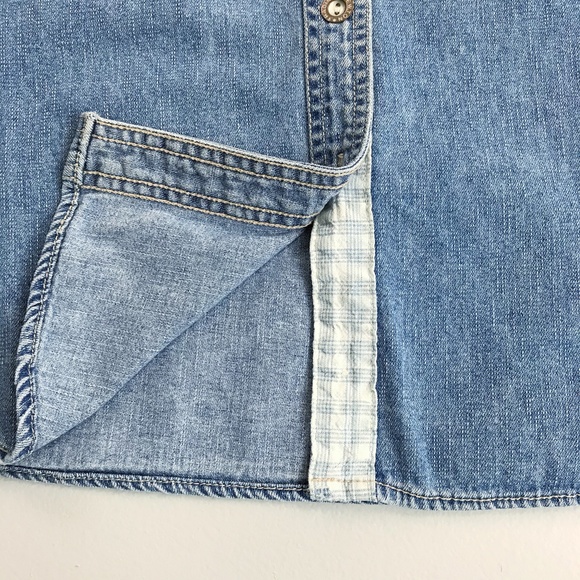 NEWTON TRADING CO. Distressed Denim Shirt Small Button Front Flannel Trim Worn - Picture 6 of 11